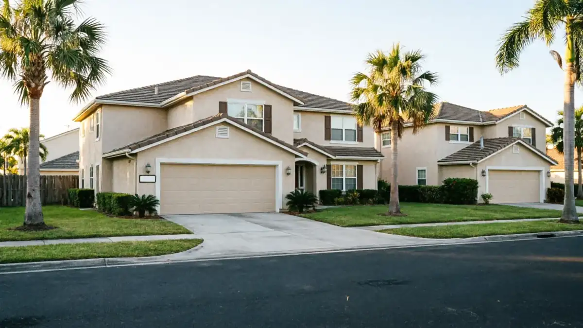 A two-story house with a beige garage door and palm trees in the front yard.