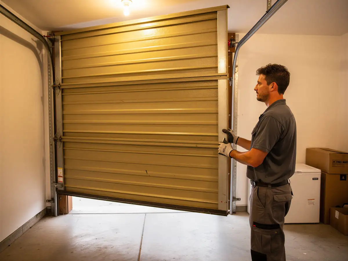 A technician in gloves is working on a partially open tan garage door.