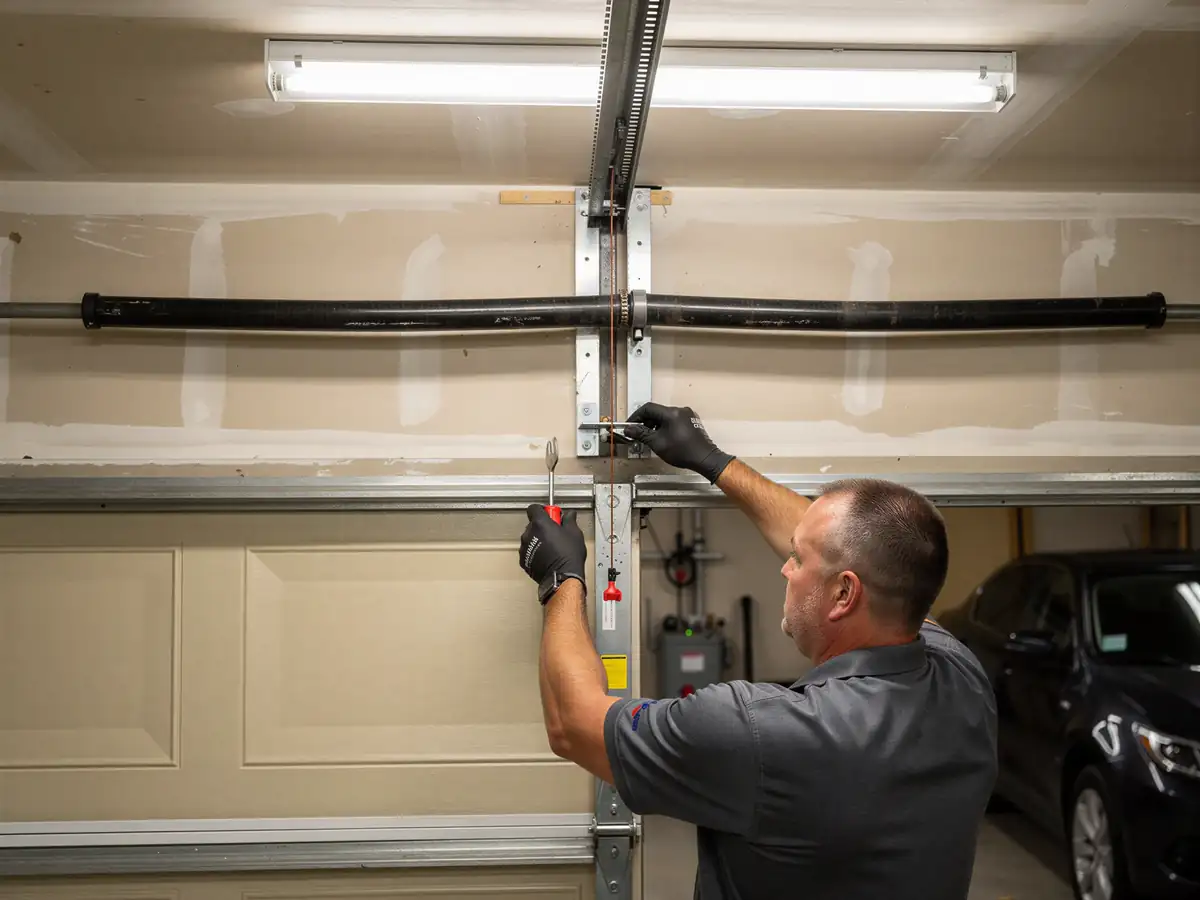 A technician adjusts a garage door torsion spring with a tool.