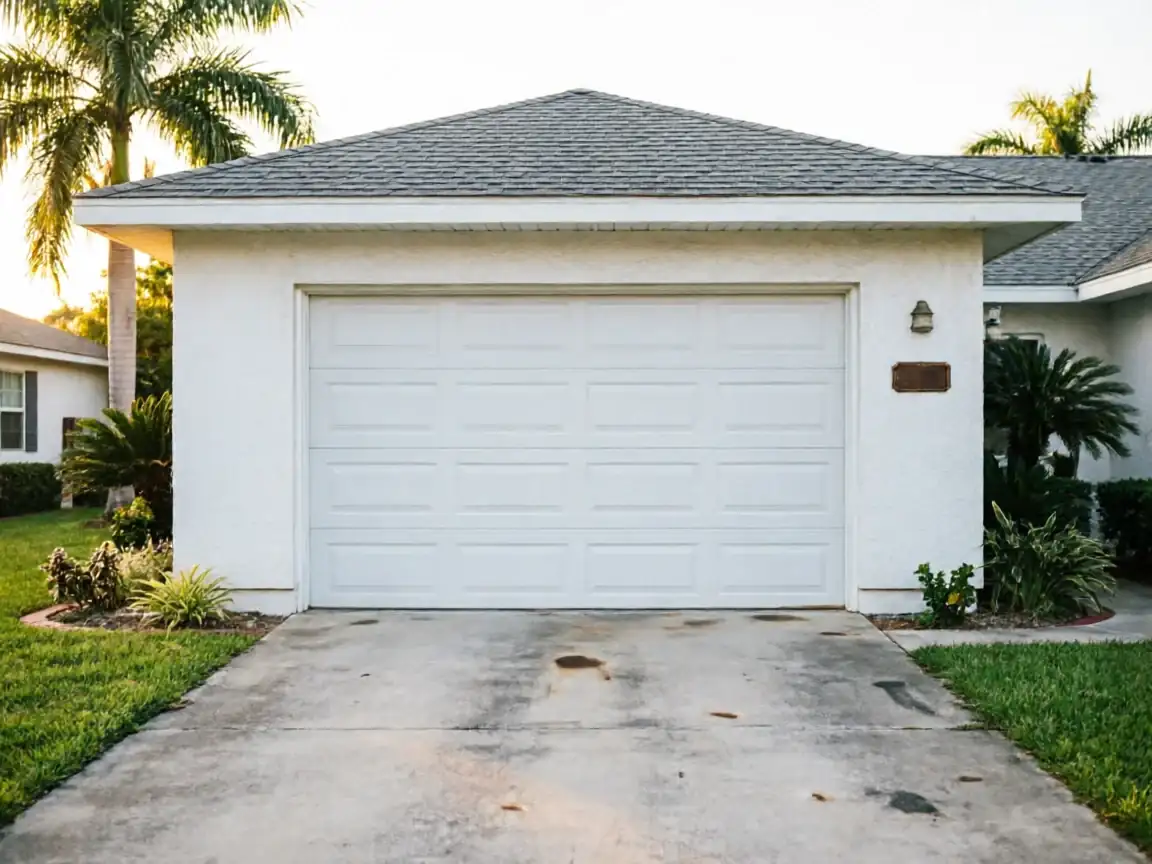 A white garage door is on a white house with a gray roof and palm trees.