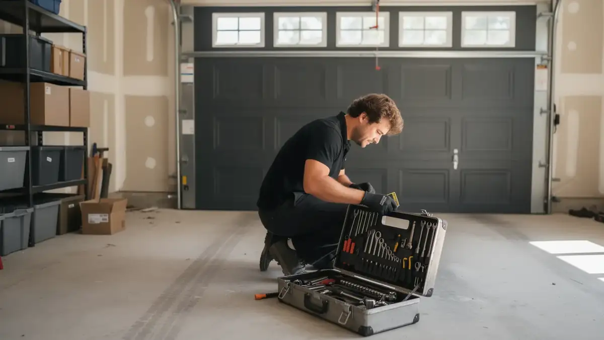 A technician kneels in a garage, looking into an open toolbox.